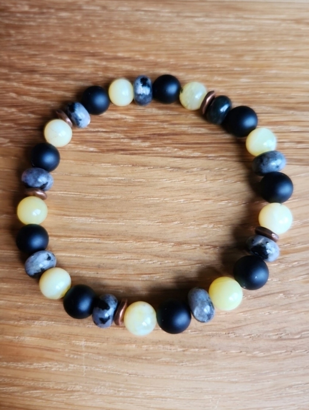 Yellow Opal, Black Onyx &  Larvikite Beadrd Stretch Bracelet | Handmade